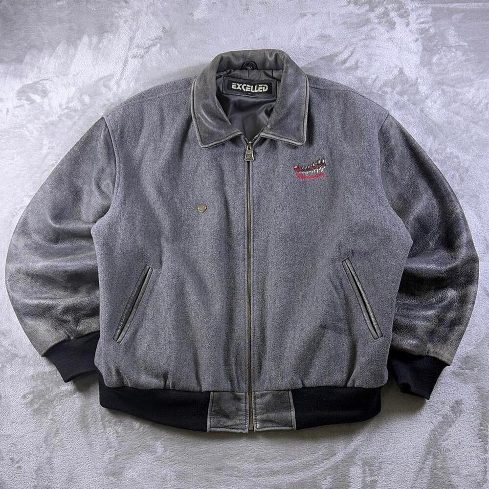 VTG 90s Budweiser Excelled Leather Wool Varsity Jacket Mens XL Clydesdale Gray